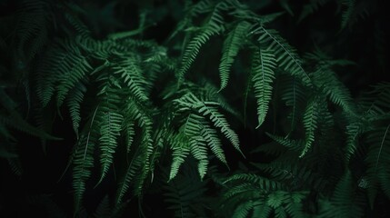 Beautiful dark green nature background. Fern leaves. Black green background for design. Web banner. Website header. Exotic plants. Close-up. Generative AI.