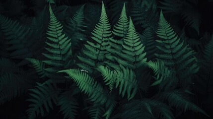 Fototapeta na wymiar Beautiful dark green nature background. Fern leaves. Black green background for design. Web banner. Website header. Exotic plants. Close-up. Generative AI.