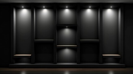 Modern empty niches on black wall with LED spotlights