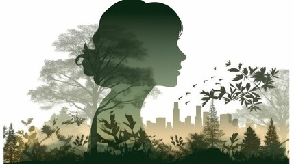 Vintage olive green silhouette of a woman with short hair