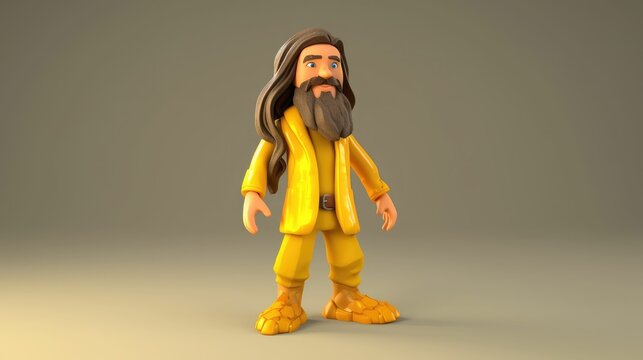 Long haired male 3D character with long beard in yellow