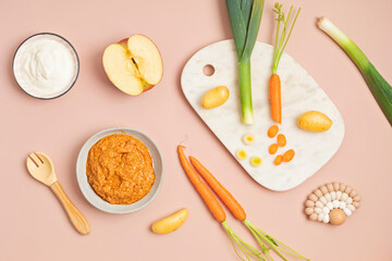 Baby puree made of fresh vegetables and fruits. First baby solid food recipe idea. Top view,  flat lay