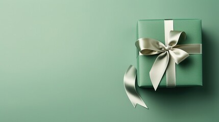 Gift box with satin ribbon on green background. Holiday gift with copy space. Birthday or Christmas present, flat lay, top view. Christmas giftbox concept.