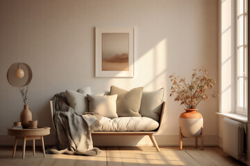 Fototapeta na wymiar sunny scandinavian interior with cozy couch and picture frame on the wall, created with Generative AI