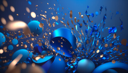 Dark blue festive background with gold ribbons and confetti. Generative AI