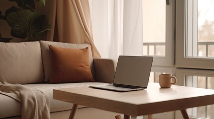 Personal laptop computer is open on a wooden table. Living room. Modern interior. Sofa.Window. Freelance, remote work, learning, studying concept. Generative AI.