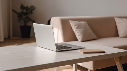 Personal laptop computer is open on a wooden table. Living room. Modern interior. Sofa.Window. Freelance, remote work, learning, studying concept. Generative AI.