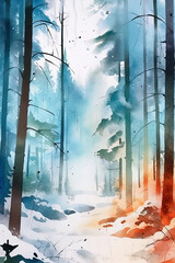 Landscape in the forest, winter season with trees, light and  smog, mysterious calm mood. Generative AI.