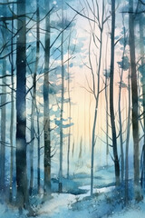 Landscape in the forest, winter season with trees, light and  smog, mysterious calm mood. Generative AI.