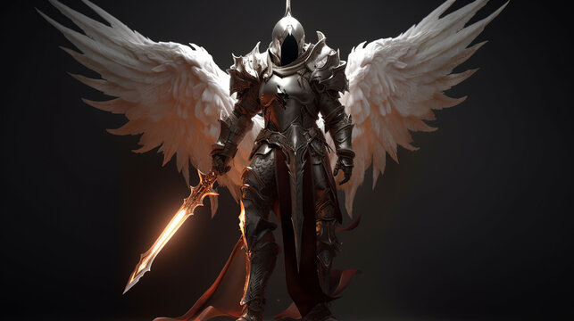 angel, wings, statue, isolated, knight, sculpture, soldier, warrior, sword, art, medieval, armor, white, metal, history, gold, war, armour, helmet, eagle, robot, generative, ai