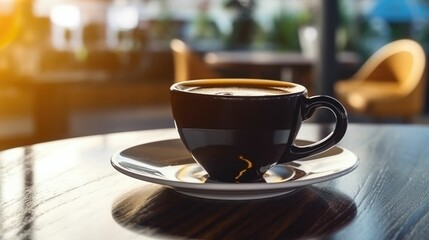 Fototapeta premium Cup of hot coffee on a table in a cafe