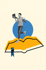 Vertical composite collage picture of young diligent student man study university remote ebook with...