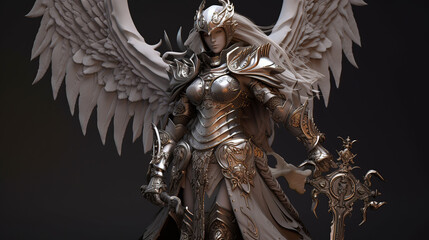 angel, wings, statue, isolated, knight, sculpture, soldier, warrior, sword, art, medieval, armor, white, metal, history, gold, war, armour, helmet, eagle, robot, generative, ai