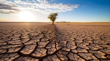 Lonely tree on dry cracked earth - El Niño