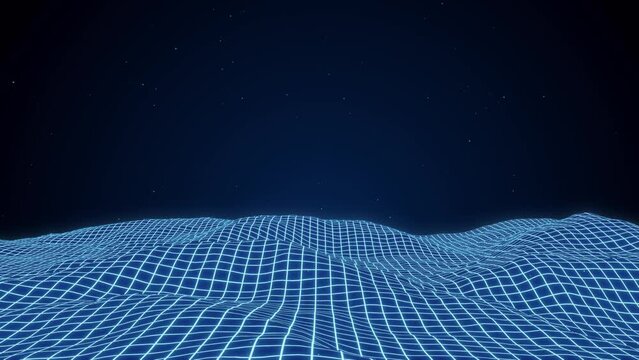 Blue Neon grid wave animation background, futuristic wireframe terrain, 3d rendering abstract retro computer digital data Cyberspace design