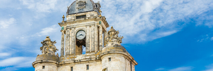 Grosse-Horloge tower in La Rochelle, France on a sunny day of summer
