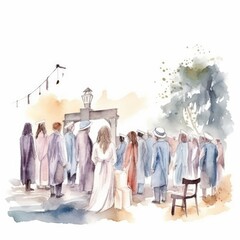 watercolor of a graduation ceremony in an outdoor