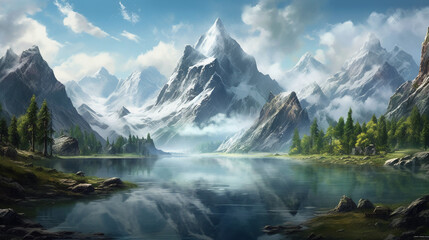 Fototapeta na wymiar Lake with mountains and trees. AI generative