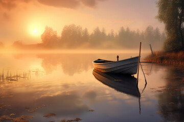 Small boat in the river with sunset