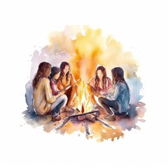 watercolor of a group of friends sitting around a bonfire