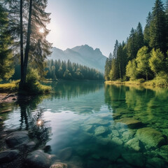 Obraz premium Lake with mountains and trees. AI generative