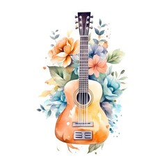 watercolor of A guitar with floral elements