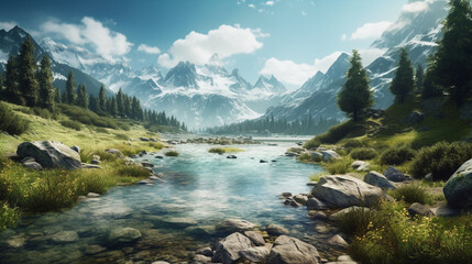 Lake with mountains and trees. AI generative