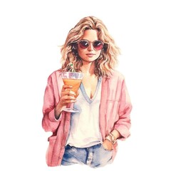 watercolor of a person holding a cocktail with a pair of sunglasses