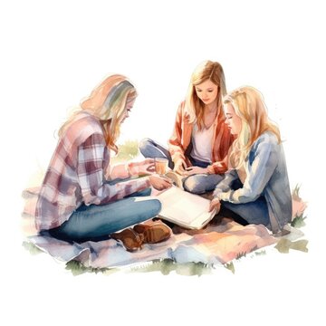 watercolor of A group reading together