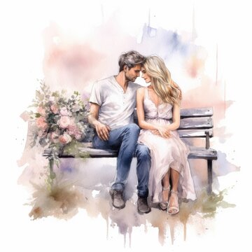 watercolor of a newlywed couple sitting on a bench