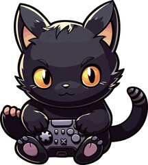 black kawaii cat playing game sticker