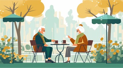 Illustration of elderly couple drinking coffee