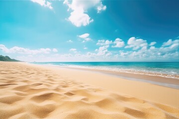 Fototapeta na wymiar Beautiful sandy beach with blue water and sky. Generative AI