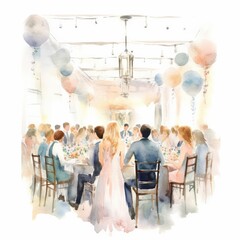 watercolor of a wedding reception with guests