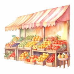 watercolor stalls selling a variety of summer fruits and vegetables