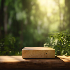 Wooden product display podium with blurred nature leaves