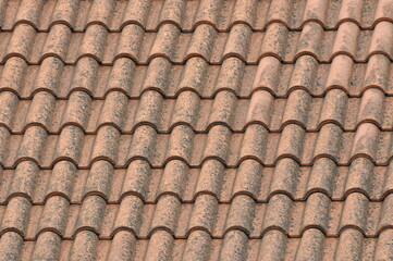 Close up of red terracotta roof with some mildew on them