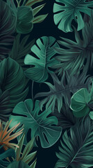Tropical elegant background arranged from exotic emerald leaves. Paradise plants, greenery chic card. Stylish fashion banner. Wedding template. Leaves are not cut. generative ai
