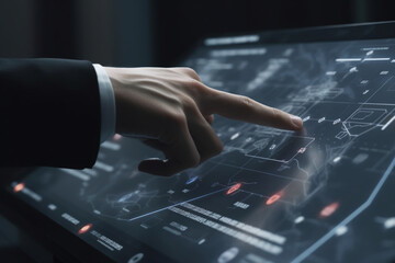 businessman pointing at AI machine learning interface, Generative AI	