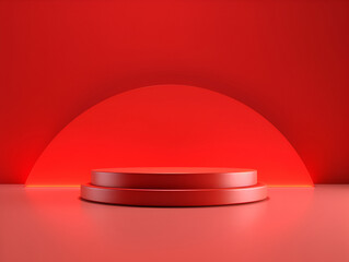 Modern podium stage platform display on red background room. With copy text space. Mock up template for product presentation. Blank Exhibition stage backdrop. 3D rendering