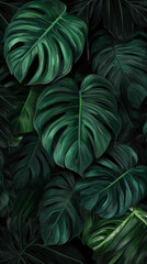 Tropical elegant background arranged from exotic emerald leaves. Paradise plants, greenery chic card. Stylish fashion banner. Wedding template. Leaves are not cut. generative ai