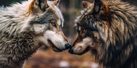 two wolves face each other, aggressive mood of a turf war to make the hierarchy clear, generative ai - obrazy, fototapety, plakaty