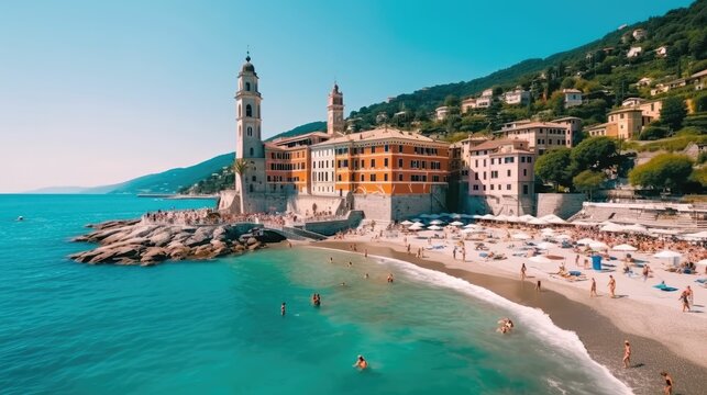 Famous summer beach in Bogliasco, Italy