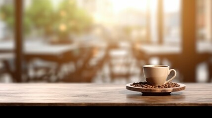 Empty coffee table over defocused coffee shop background