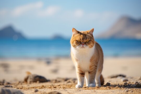Full-length portrait photography of a happy exotic shorthair cat skulking against a beach background. With generative AI technology