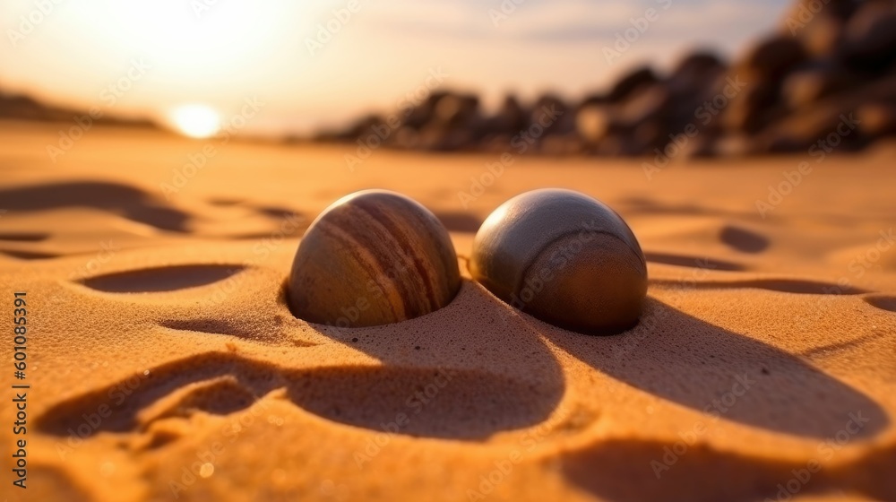 Wall mural Closeup shot of two rocks in seashore sand under the sun