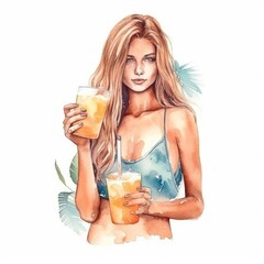 watercolor of a woman in a bikini enjoying the sun and the beach