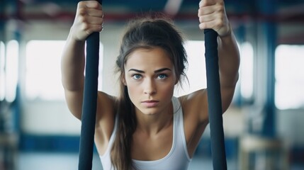 Young woman in gym doing gymnastics rings exercises - obrazy, fototapety, plakaty