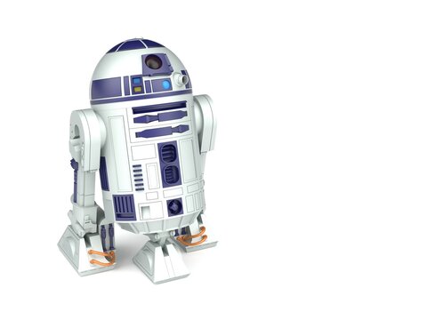 KYIV, UKRAINE - May. 10, 2023: 3d render of a r2d2 droid on a light background. 3d render.