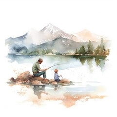 watercolor of a father and child fishing in a peaceful lake